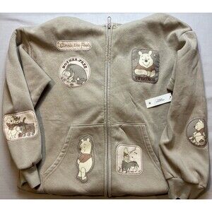 NWT Womens M Disney Winnie the Pooh Stitched Patches Hoodie Sweatshirt Jacket